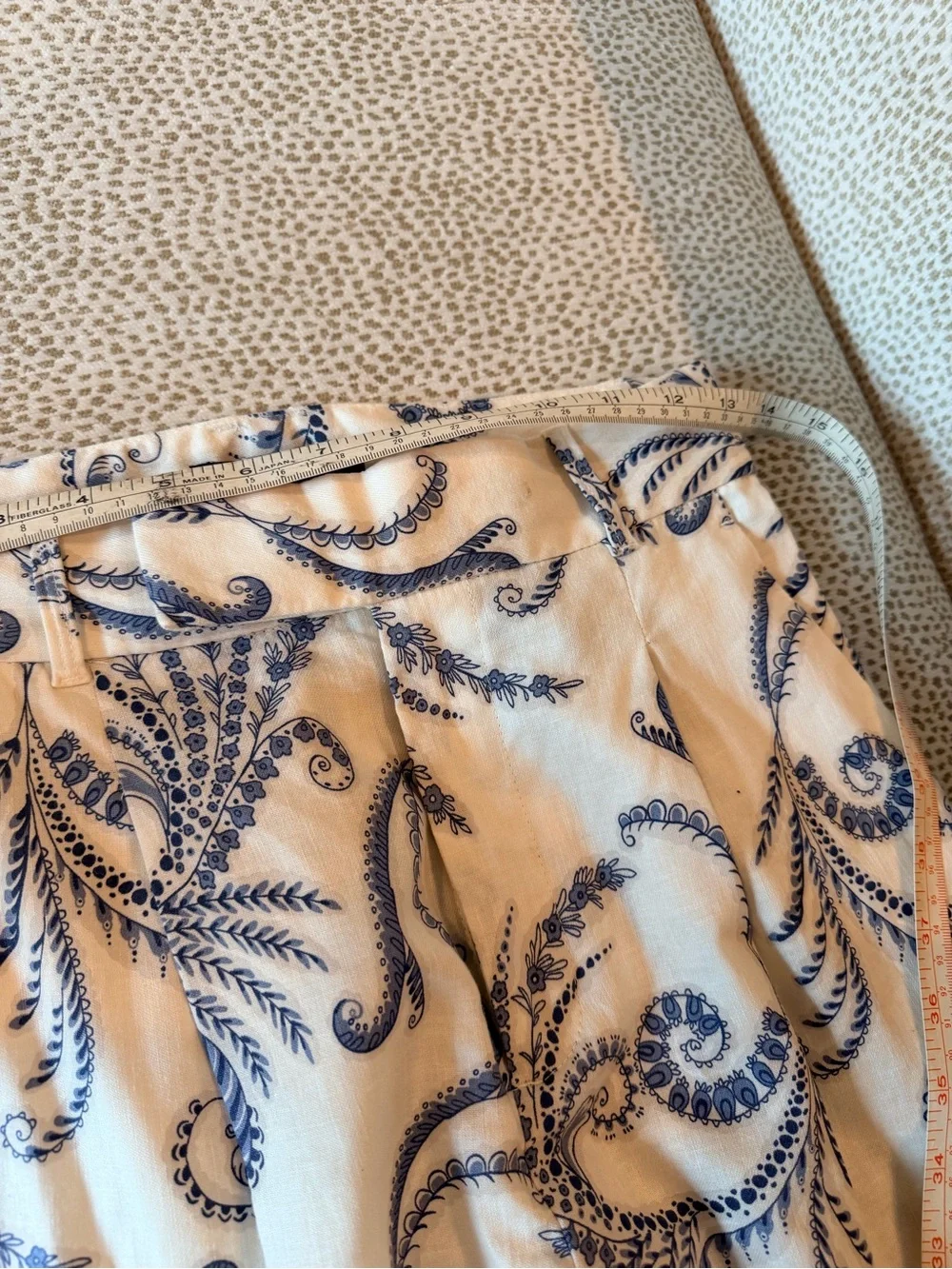 Linen Cotten blend- Wide-Leg Pants with Blue Scroll Print